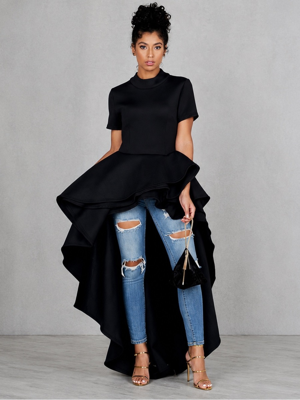 Black High-Low Ruffle Peplum Dress Top - Women's Dress